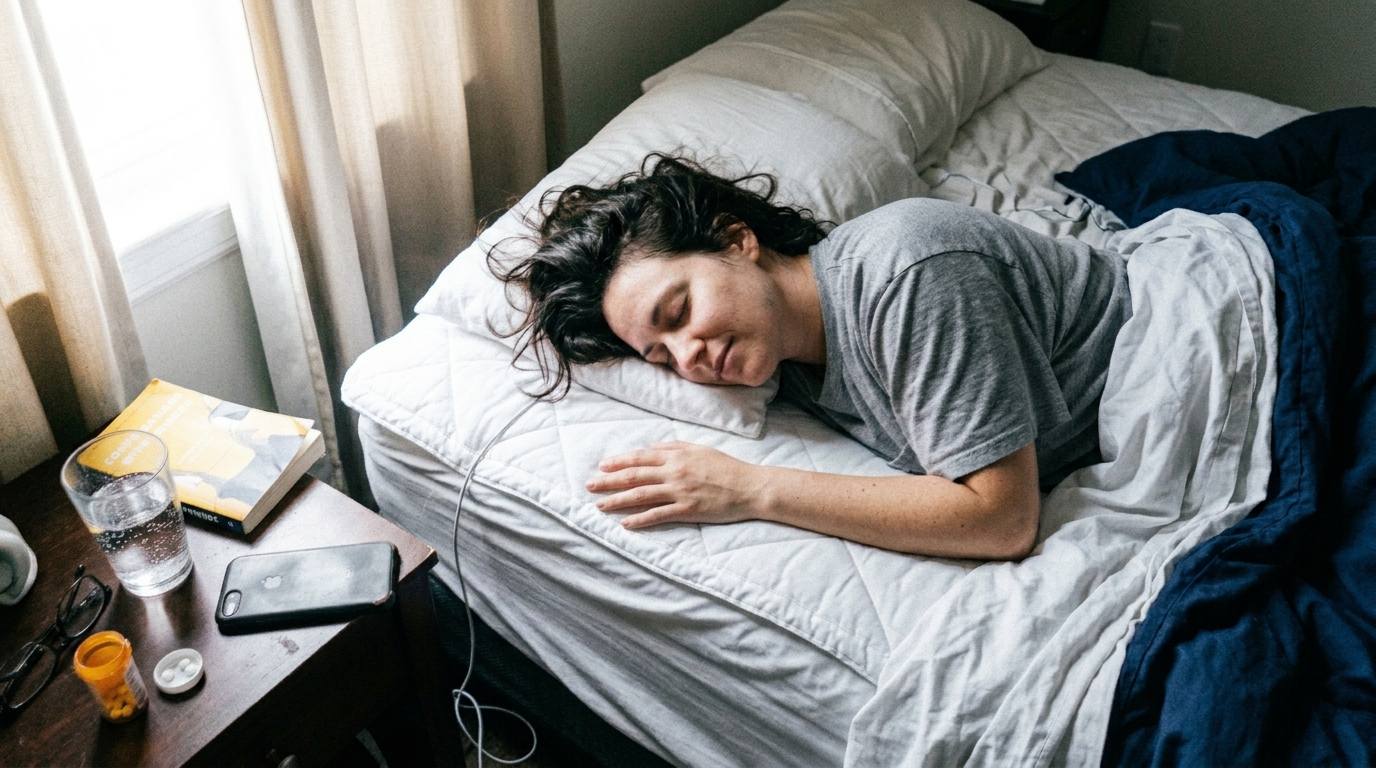 A person resting on a quilted white cooling mattress pad in early-morning light, hand on the surface