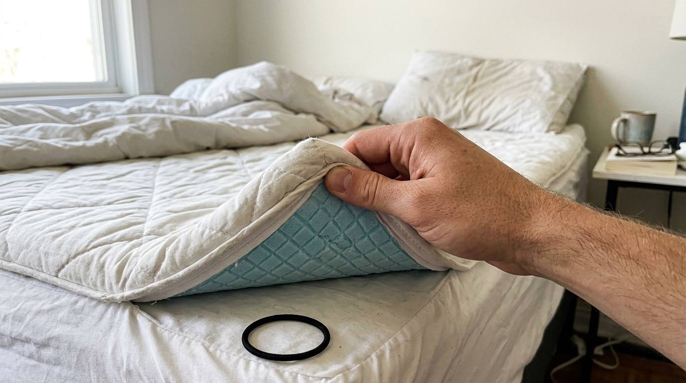 Hand peeling back a corner of a quilted white cooling mattress topper to show the pale-blue cooling gel layer beneath