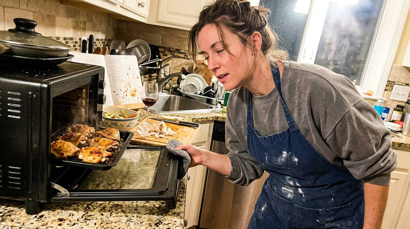 A home cook pulls a tray of roast chicken thighs out of a small countertop convection oven on a granite kitchen counter