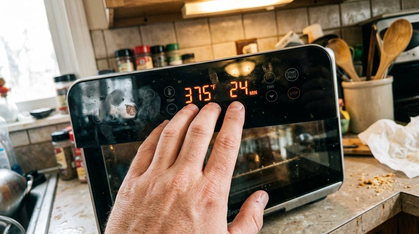 Close-up of fingertips on a countertop oven's digital control panel showing 375 degrees and a 24-minute timer