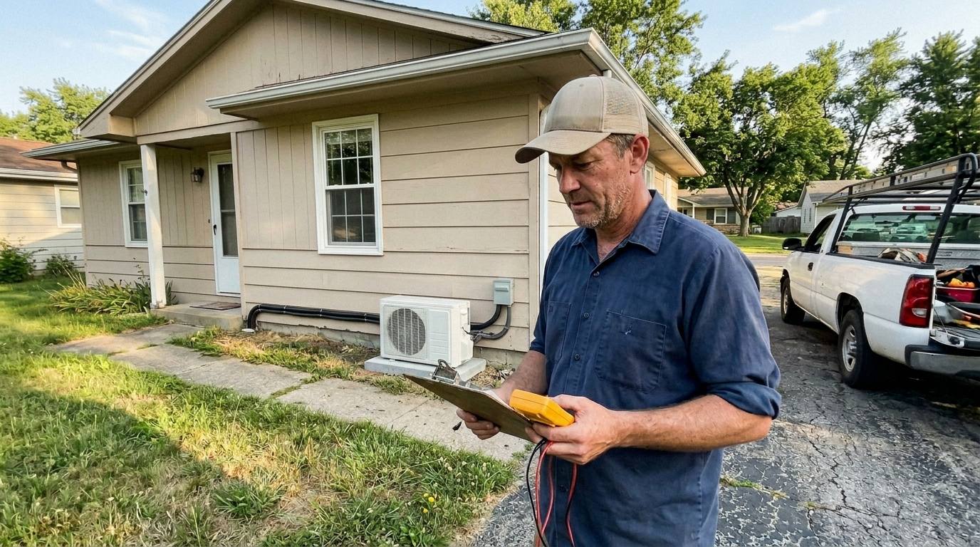 An HVAC contractor in a navy work shirt holds a clipboard in front of a residential home with a mini-split AC unit mounted on the exterior wall