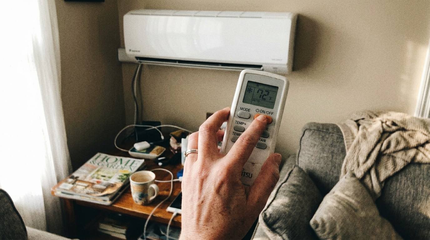 A hand pressing the power button on a small white mini-split remote control showing 72°F and a cool-mode snowflake icon
