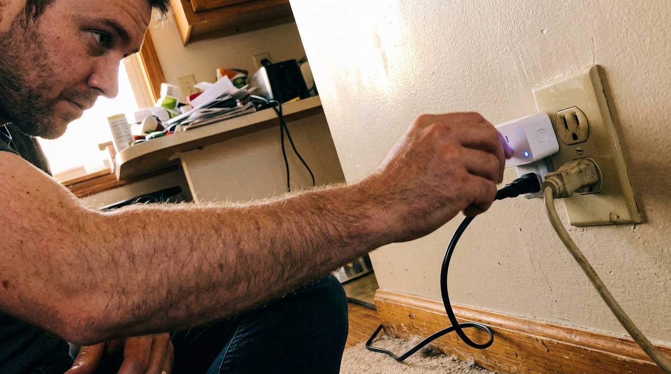 A man's hand pressing a small white smart plug into a standard American wall outlet with a lamp cord plugged into it