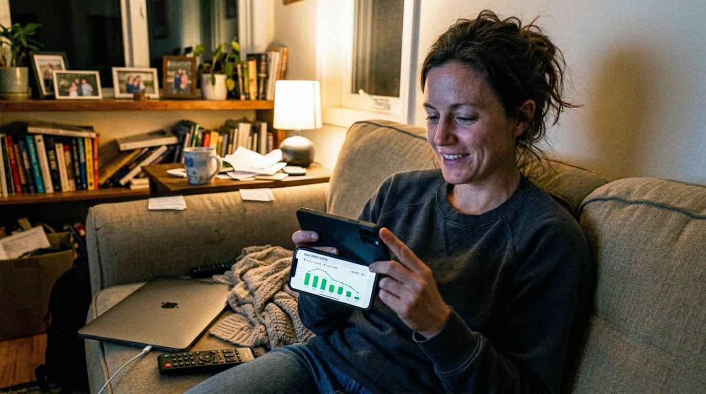 A woman holding an iPhone showing an energy-usage dashboard with bar charts and a daily kWh graph trending down