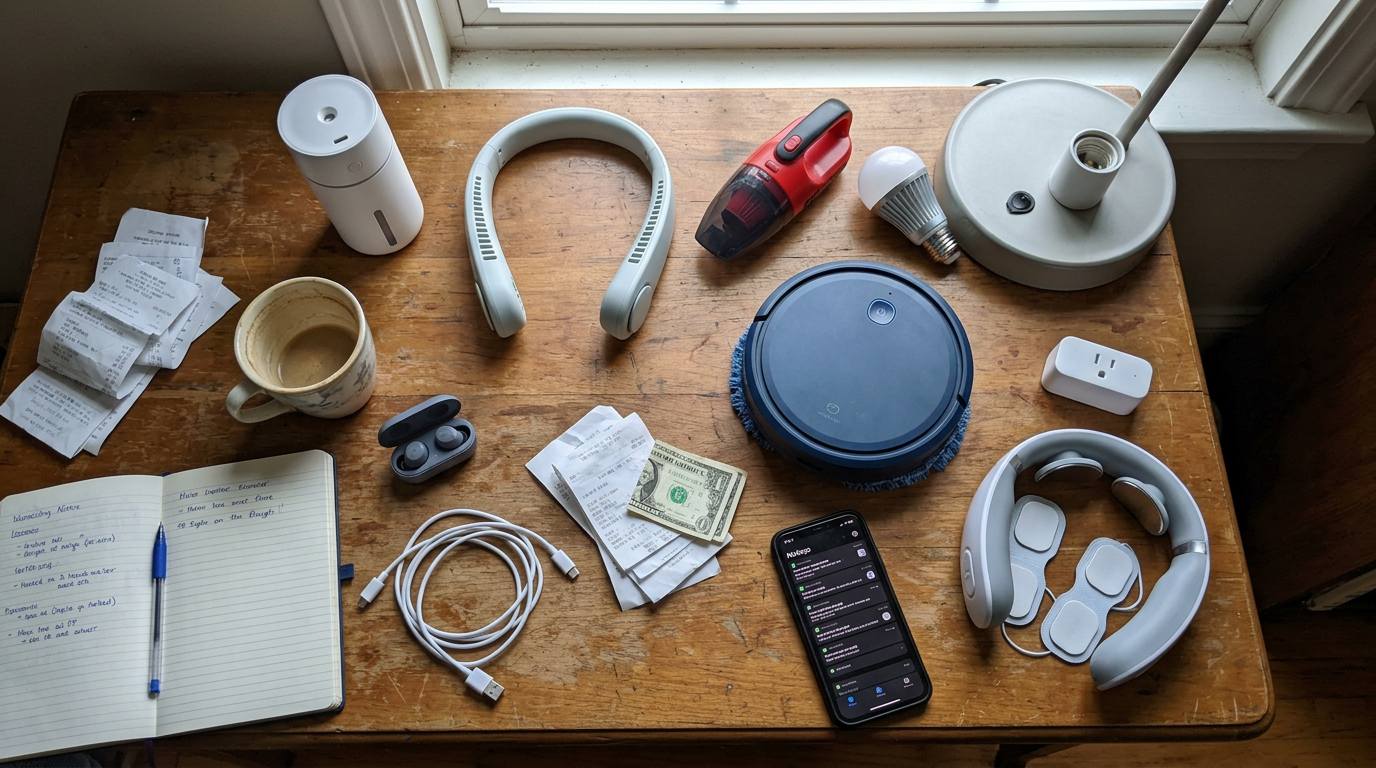 An overhead shot of a cluttered desk covered with small home-tech gadgets: humidifier, neck fan, mini vacuum, smart bulb, robot mop, smart plug, neck massager