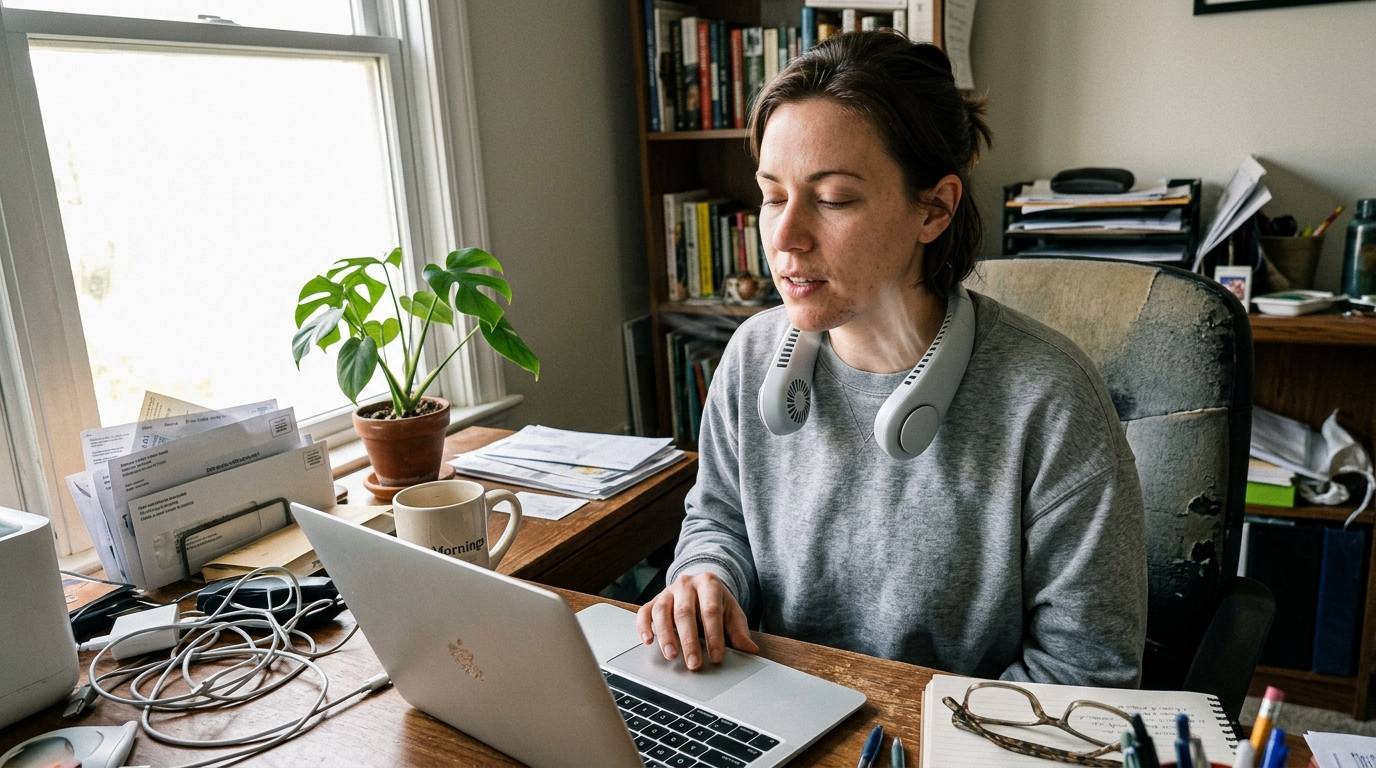 A woman at her desk wearing a U-shaped USB-charged neck fan around her neck while working on her laptop