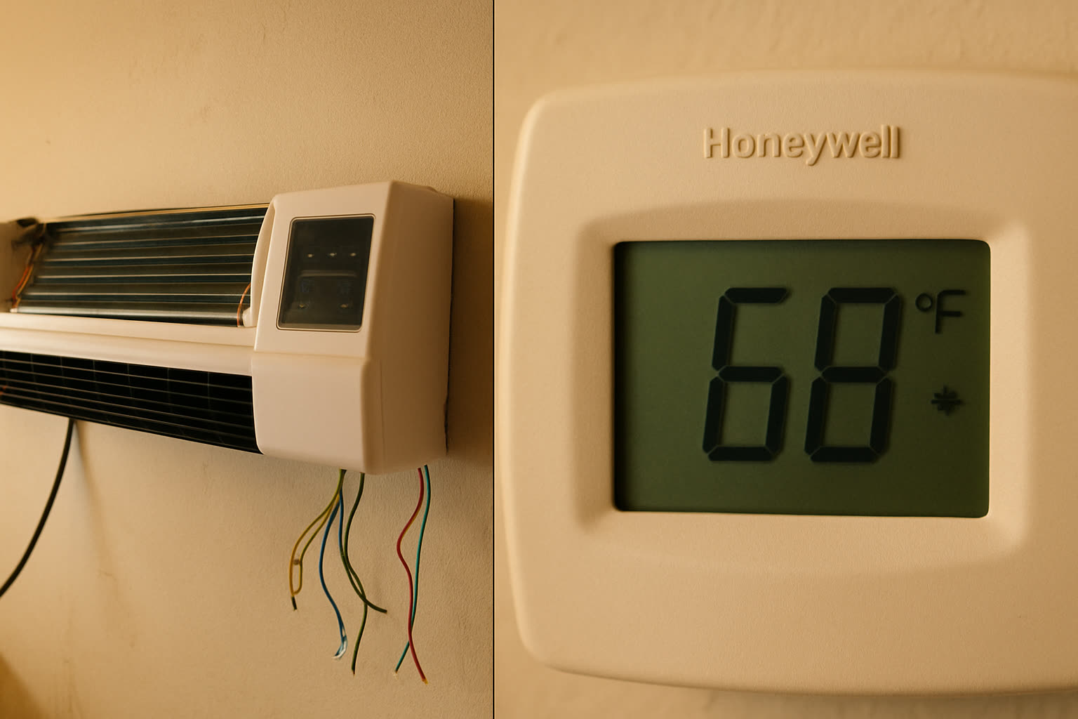 EpiCooler prototype on the wall beside a Honeywell thermostat reading 68°F — first prototype test.